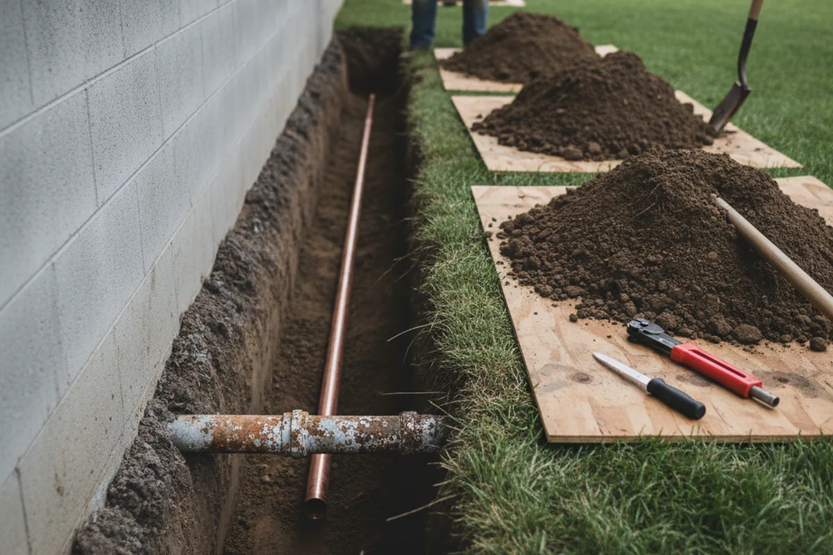 Excavated water line trench during Sewer Line Repair in Harwinton
